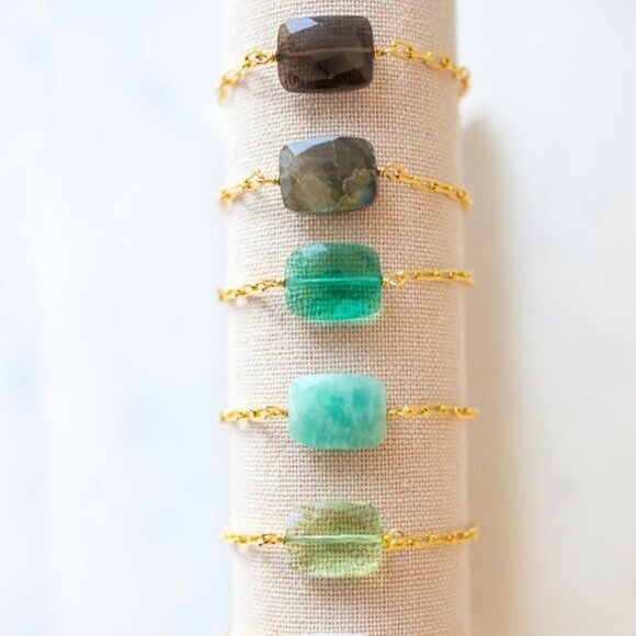 Green Apatite Gemstone Bracelet Gold Paperclip Chain Bracelet BEAUTIFUL - Picture 6 of 6